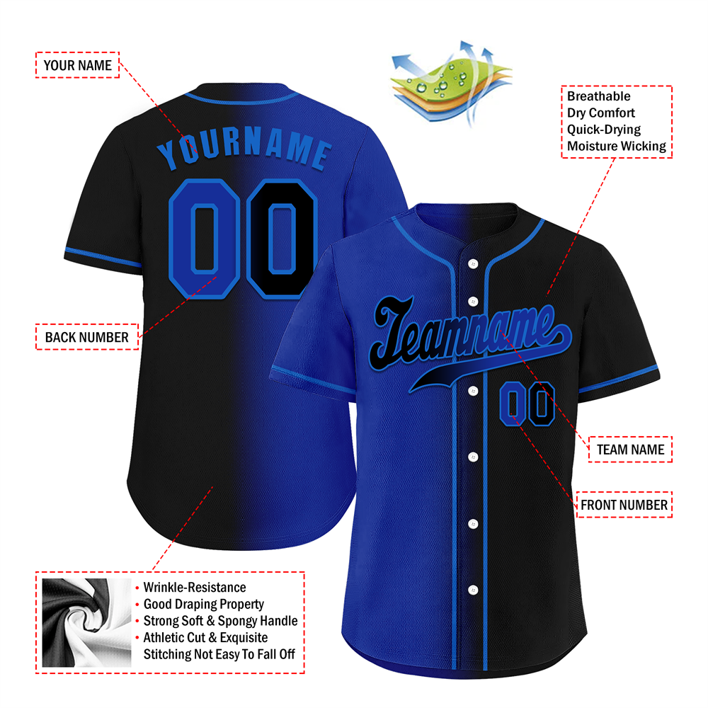 Custom Blue Black Gradient Fashion Black Authentic Baseball Jersey