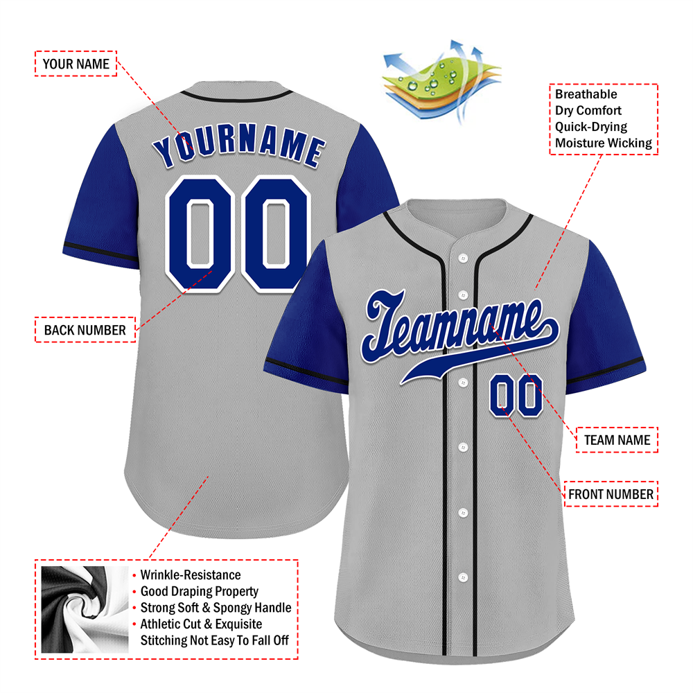 Custom Grey Blue Raglan Sleeves Blue Authentic Baseball Jersey