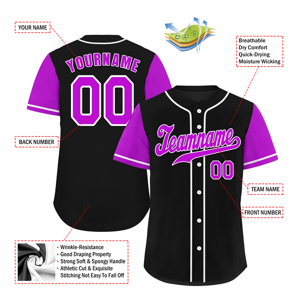 Custom Black Purple Raglan Sleeves Purple Authentic Baseball Jersey