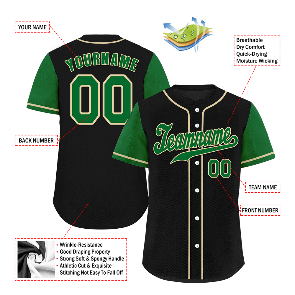 Custom Black Green Raglan Sleeves Green Authentic Baseball Jersey