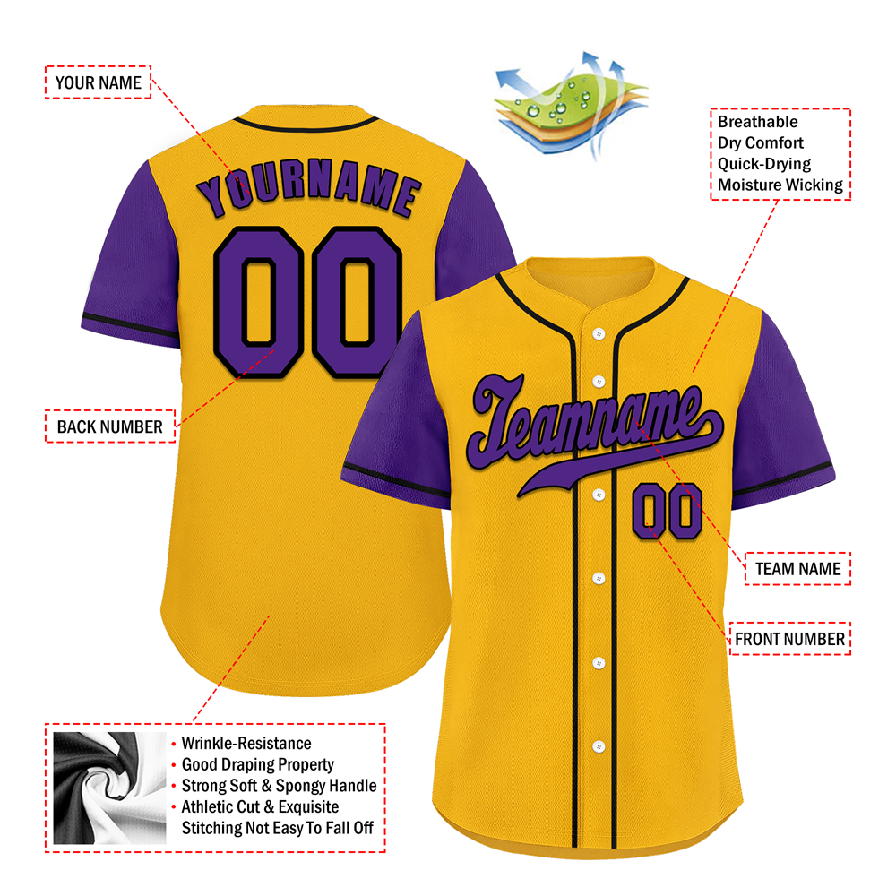 Custom Yellow Purple Raglan Sleeves Purple Authentic Baseball Jersey
