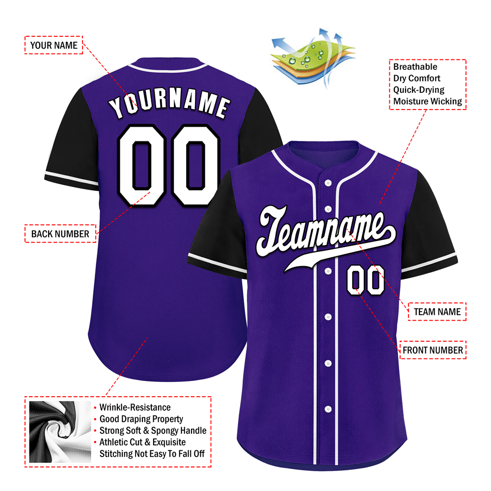 Custom Purple Black Raglan Sleeves White Authentic Baseball Jersey