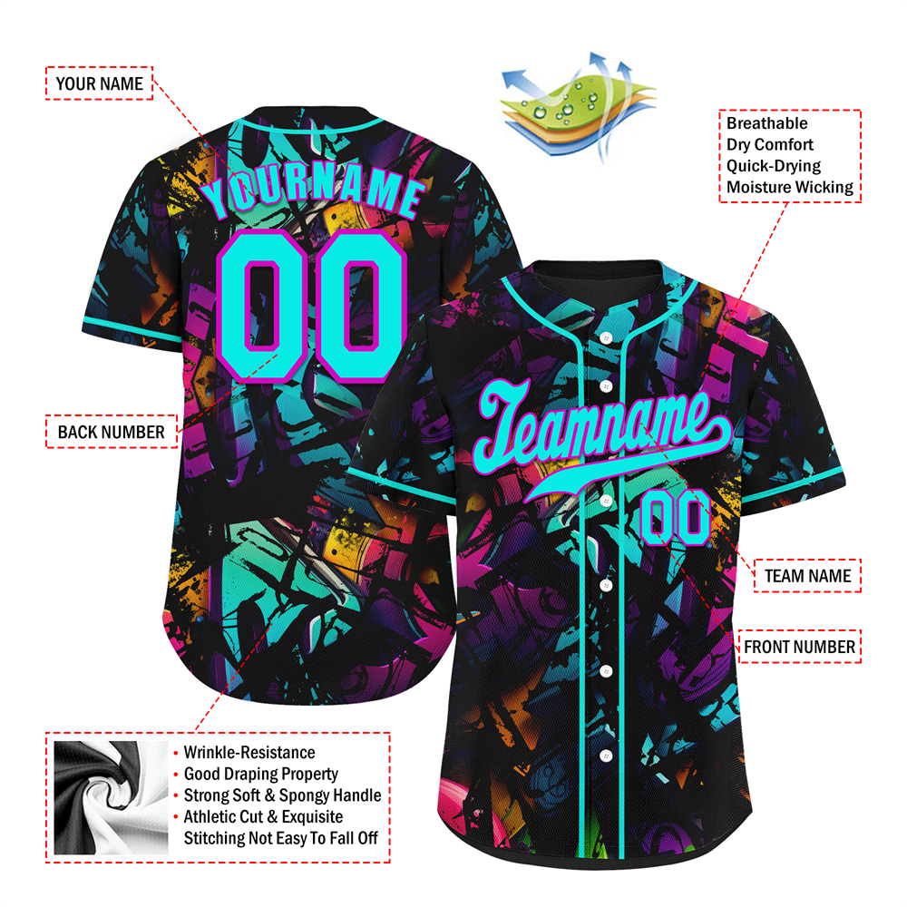 Custom Colorful Graffiti Pattern Aqua Authentic Baseball Jersey