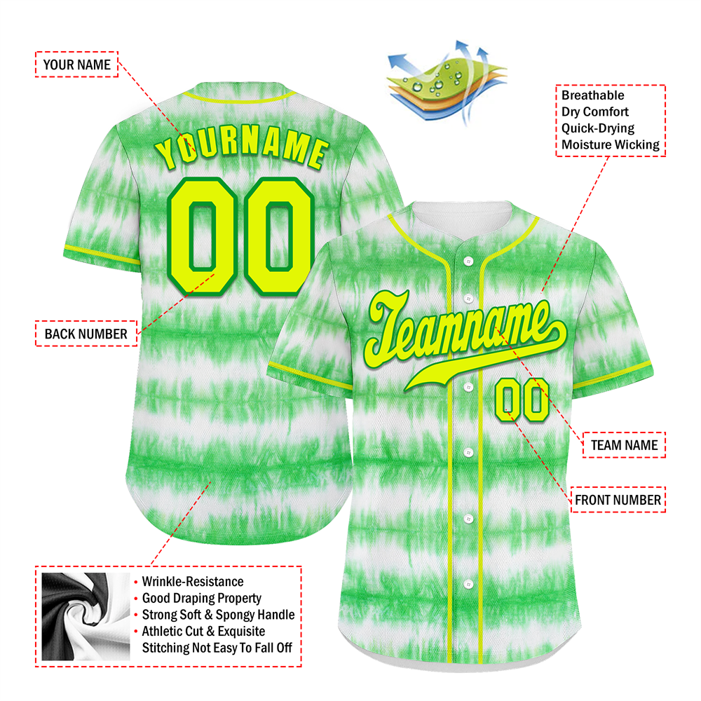 Custom Green Tie Dye Yellow Authentic Baseball Jersey BSBJ0a-bc0fbfb