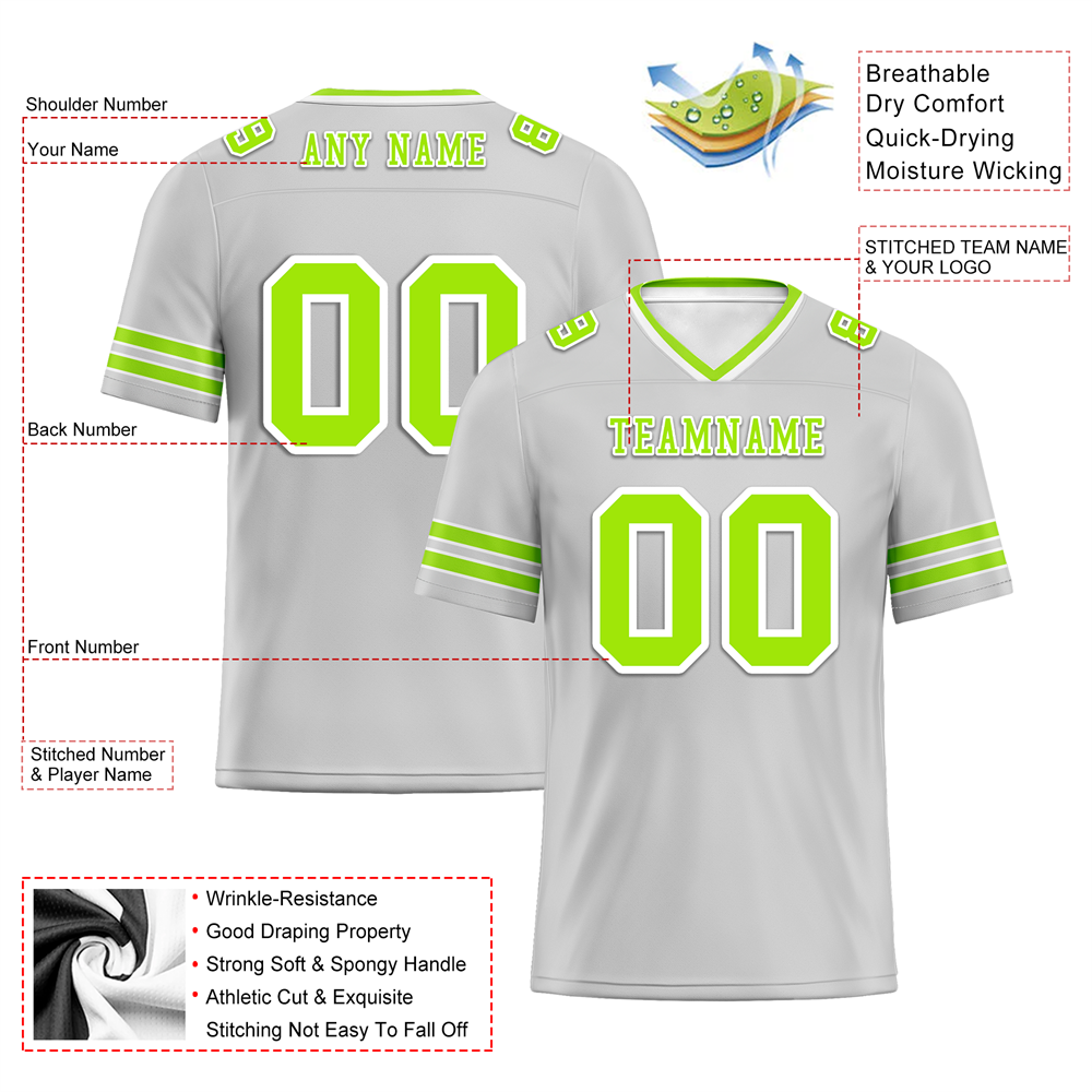Custom Grey Sleeve Stripes Green Personalized Authentic Football Jersey FBJ02-bc0f078