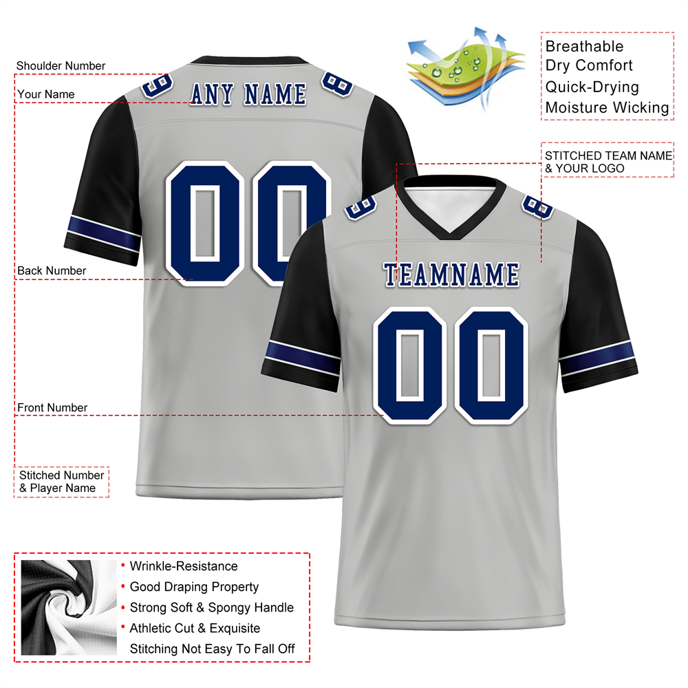 Custom Grey Black Two Tone Blue Personalized Authentic Football Jersey FBJ02-bc0f09a