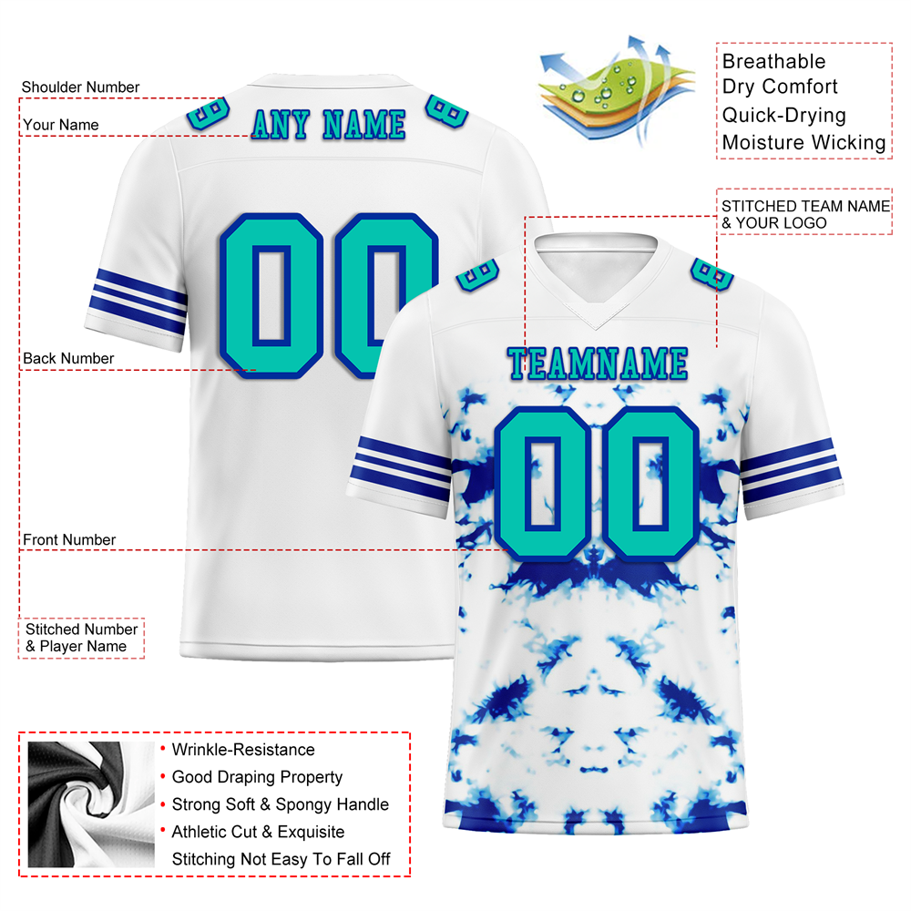 Custom White Tie Dye Aqua Personalized Authentic Football Jersey FBJ02-bc0fa7e