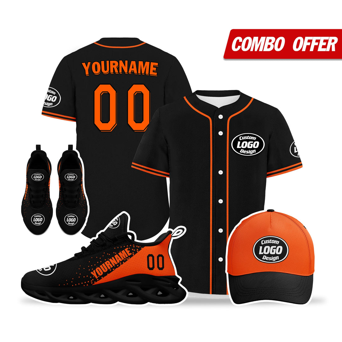 Custom Black Orange Jersey MaxSoul Shoes and Hat Combo Offer Personalized ZH-D0b0087-b