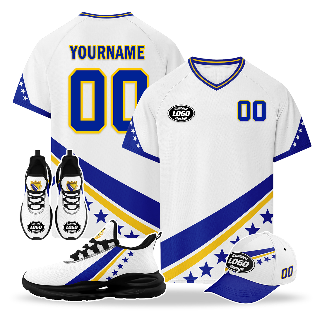 Custom Bosnia and Herzegovina 2026 World Cup High Quality Soccer Stadium Version Jersey Sneakers Sports Shoes and Hat Combo Offer Personalized Team Name and Logo ZH-F006103-1