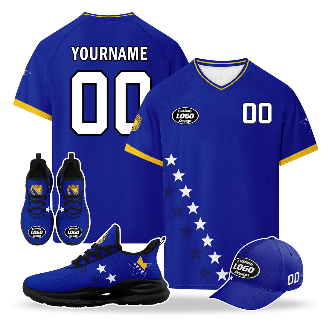 Custom Bosnia and Herzegovina 2026 World Cup High Quality Soccer Stadium Version Jersey Sneakers Sports Shoes and Hat Combo Offer Personalized Team Name and Logo ZH-F006103-2