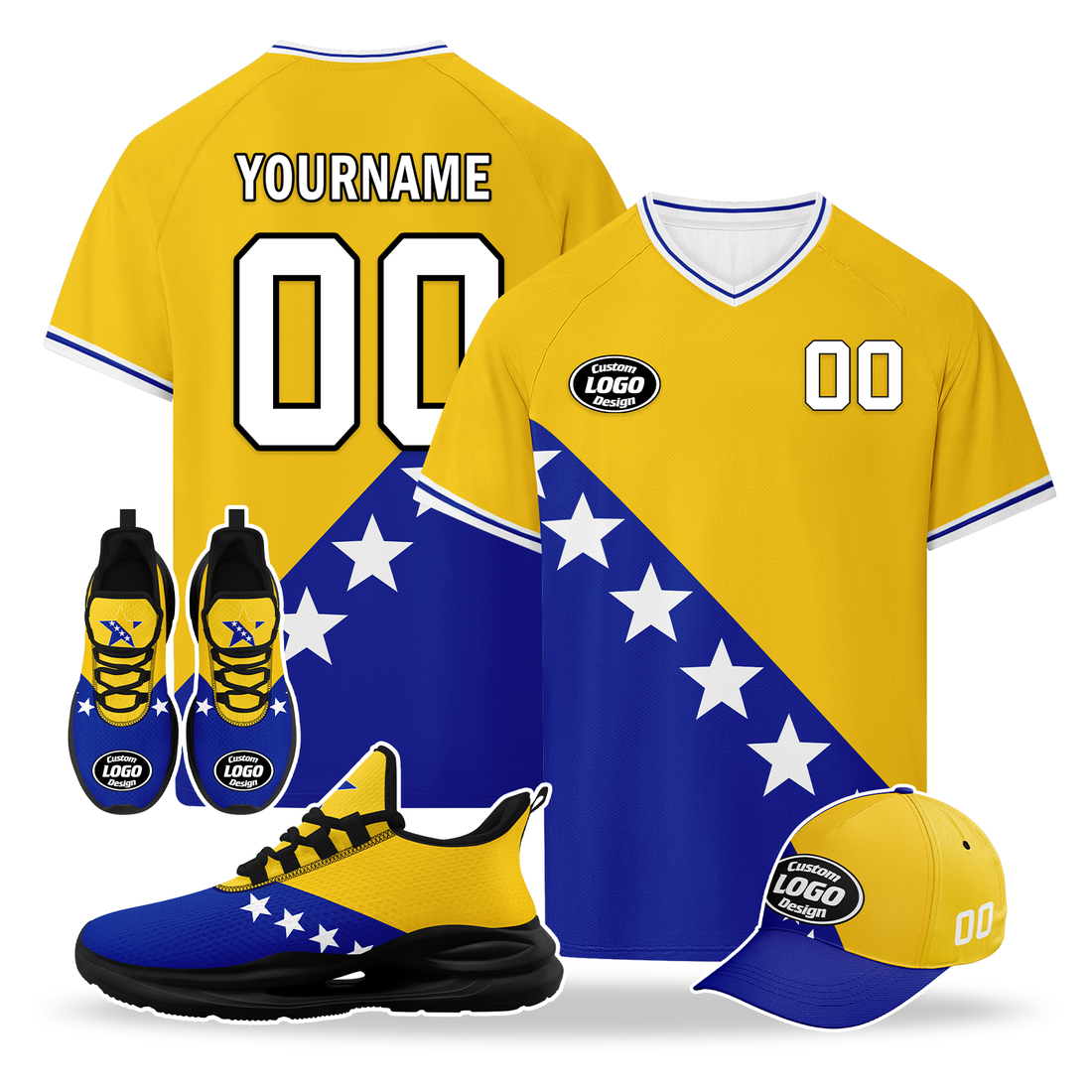 Custom Bosnia and Herzegovina 2026 World Cup High Quality Soccer Stadium Version Jersey Sneakers Sports Shoes and Hat Combo Offer Personalized Team Name and Logo ZH-F006103-3