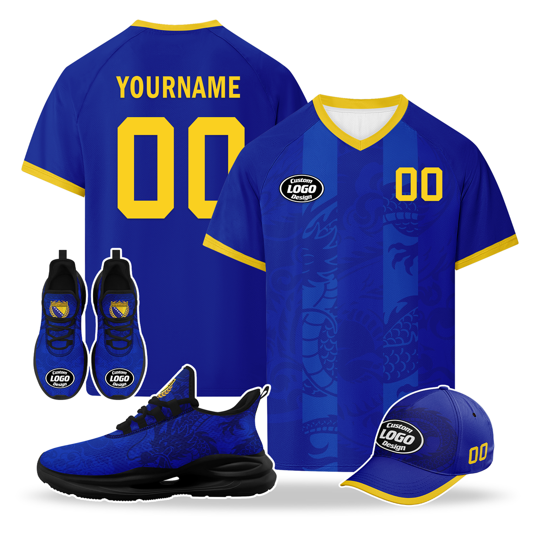 Custom Bosnia and Herzegovina 2026 World Cup High Quality Soccer Stadium Version Jersey Sneakers Sports Shoes and Hat Combo Offer Personalized Team Name and Logo ZH-F006103-4
