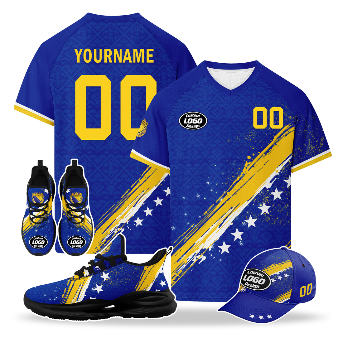 Custom Bosnia and Herzegovina 2026 World Cup High Quality Soccer Stadium Version Jersey Sneakers Sports Shoes and Hat Combo Offer Personalized Team Name and Logo ZH-F006103-5