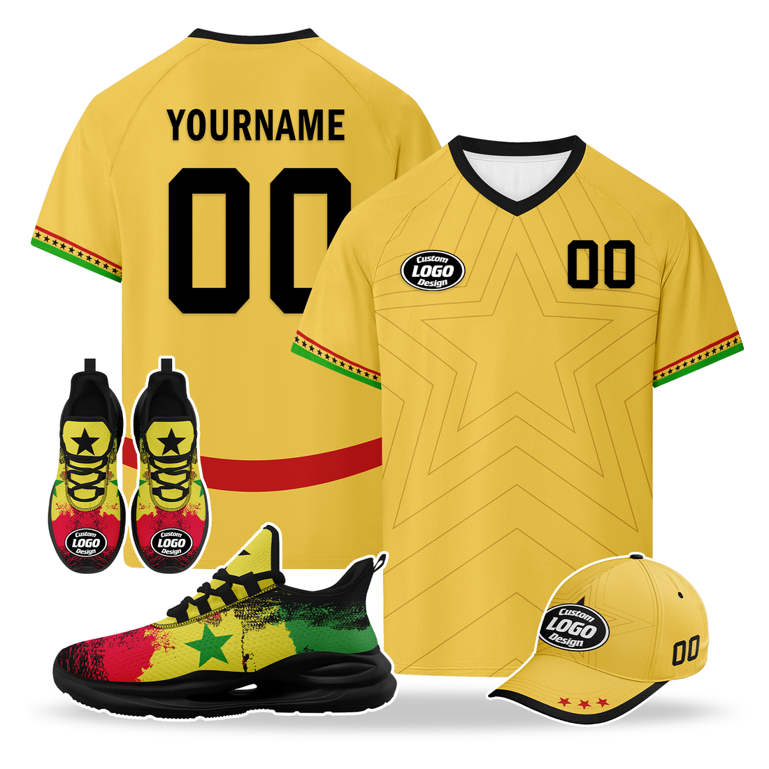 Custom Ghana 2026 World Cup High Quality Soccer Stadium Version Jersey Sneakers Sports Shoes and Hat Combo Offer Personalized Team Name and Logo ZH-F006104-1