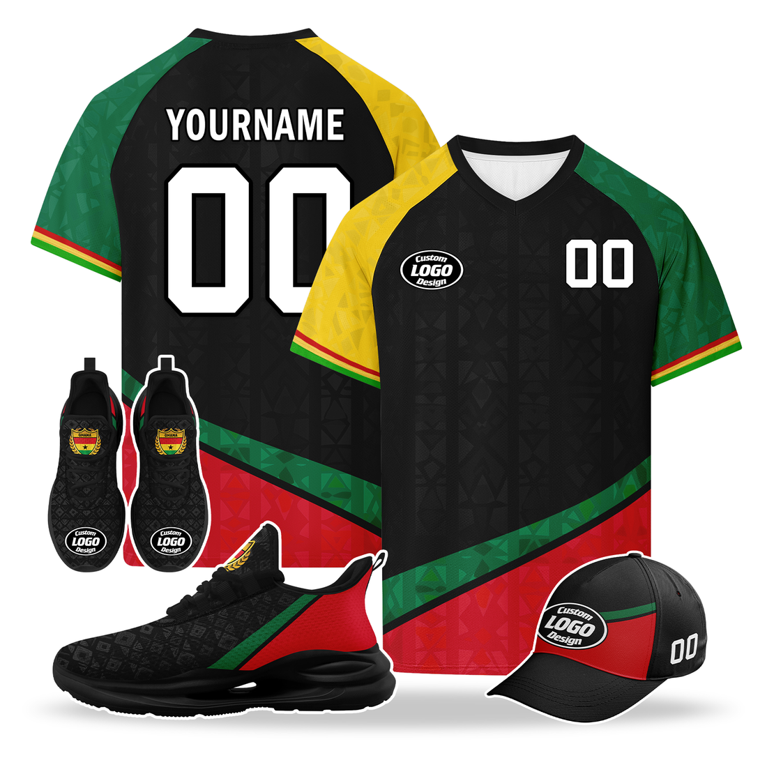 Custom Ghana 2026 World Cup High Quality Soccer Stadium Version Jersey Sneakers Sports Shoes and Hat Combo Offer Personalized Team Name and Logo ZH-F006104-4