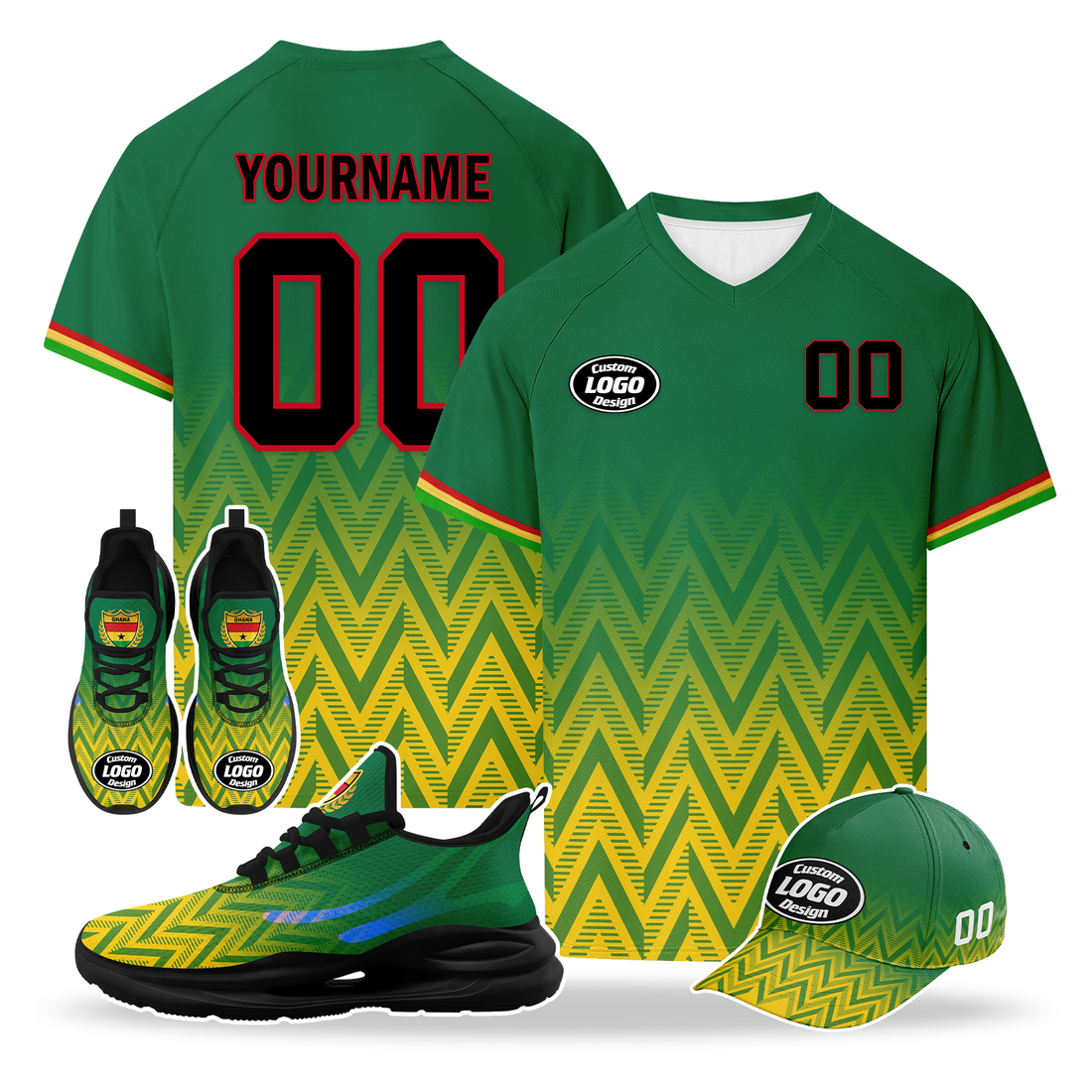 Custom Ghana 2026 World Cup High Quality Soccer Stadium Version Jersey Sneakers Sports Shoes and Hat Combo Offer Personalized Team Name and Logo ZH-F006104-5