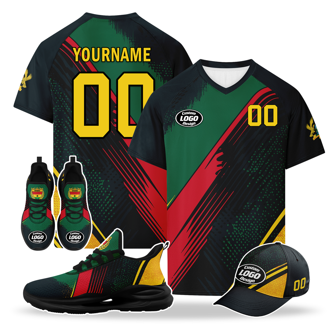 Custom Ghana 2026 World Cup High Quality Soccer Stadium Version Jersey Sneakers Sports Shoes and Hat Combo Offer Personalized Team Name and Logo ZH-F006104-6