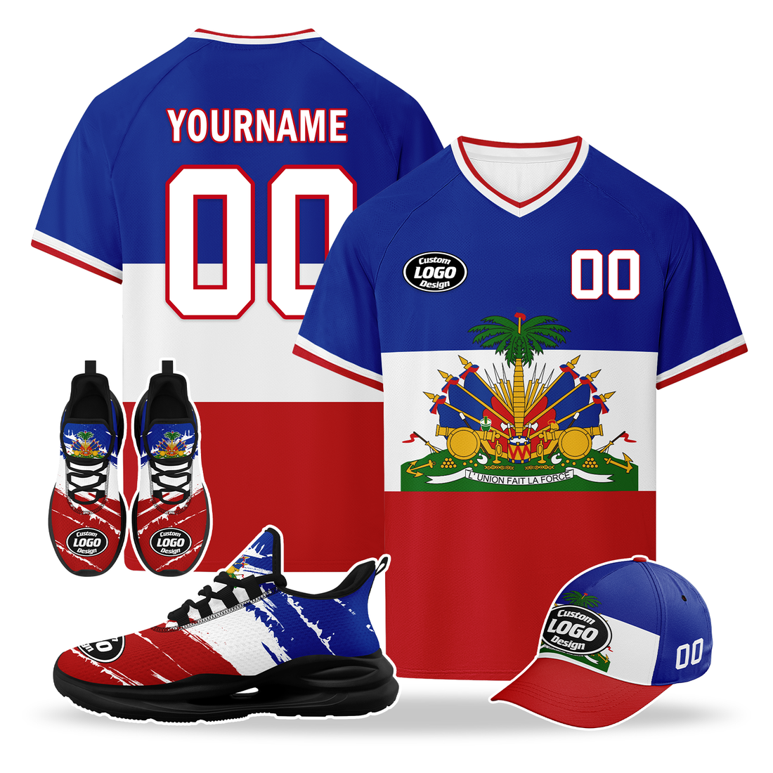 Custom Haiti 2026 World Cup High Quality Soccer Stadium Version Jersey Sneakers Sports Shoes and Hat Combo Offer Personalized Team Name and Logo ZH-F00667-1