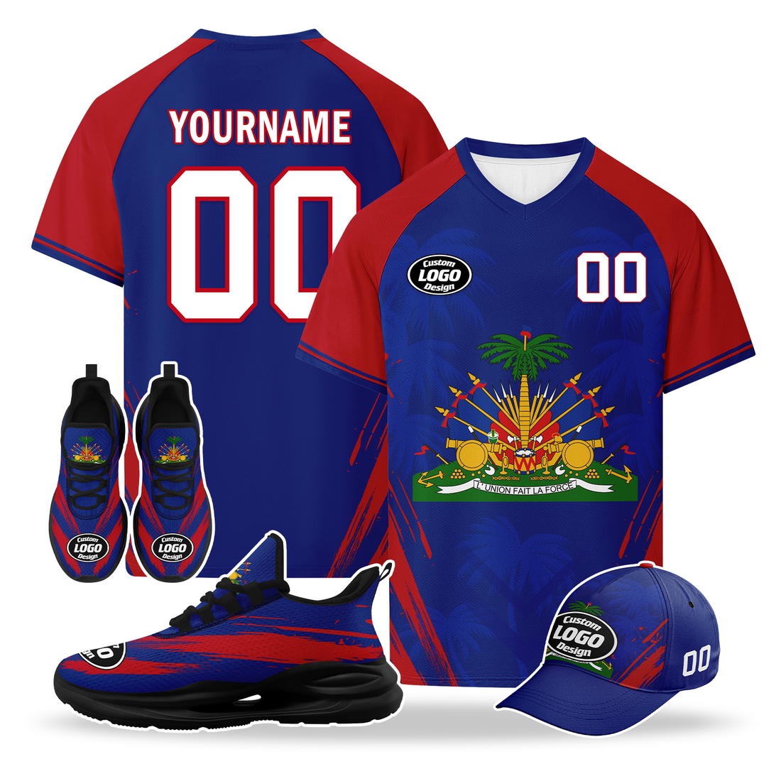 Custom Haiti 2026 World Cup High Quality Soccer Stadium Version Jersey Sneakers Sports Shoes and Hat Combo Offer Personalized Team Name and Logo ZH-F00667-2