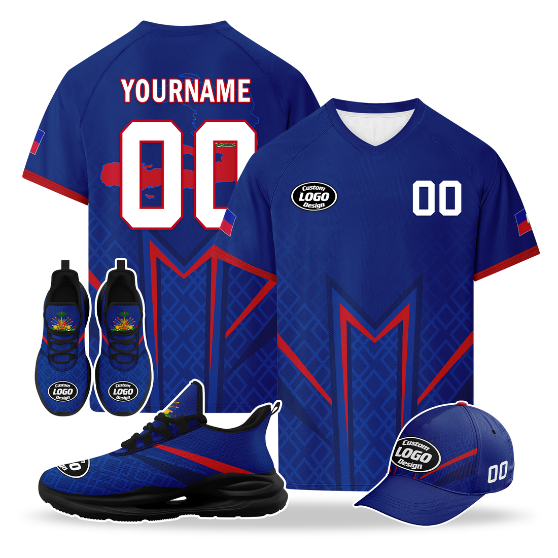 Custom Haiti 2026 World Cup High Quality Soccer Stadium Version Jersey Sneakers Sports Shoes and Hat Combo Offer Personalized Team Name and Logo ZH-F00667-3