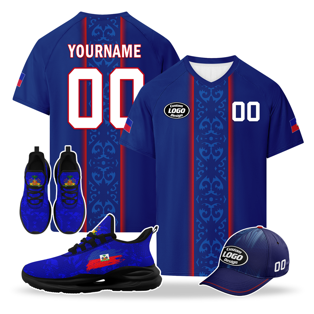 Custom Haiti 2026 World Cup High Quality Soccer Stadium Version Jersey Sneakers Sports Shoes and Hat Combo Offer Personalized Team Name and Logo ZH-F00667-4