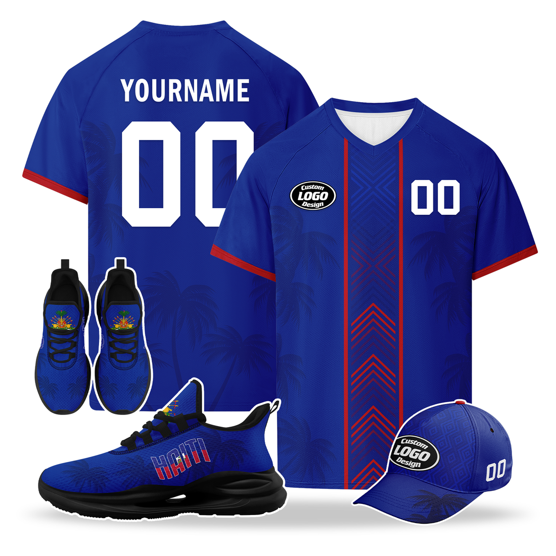 Custom Haiti 2026 World Cup High Quality Soccer Stadium Version Jersey Sneakers Sports Shoes and Hat Combo Offer Personalized Team Name and Logo ZH-F00667-5