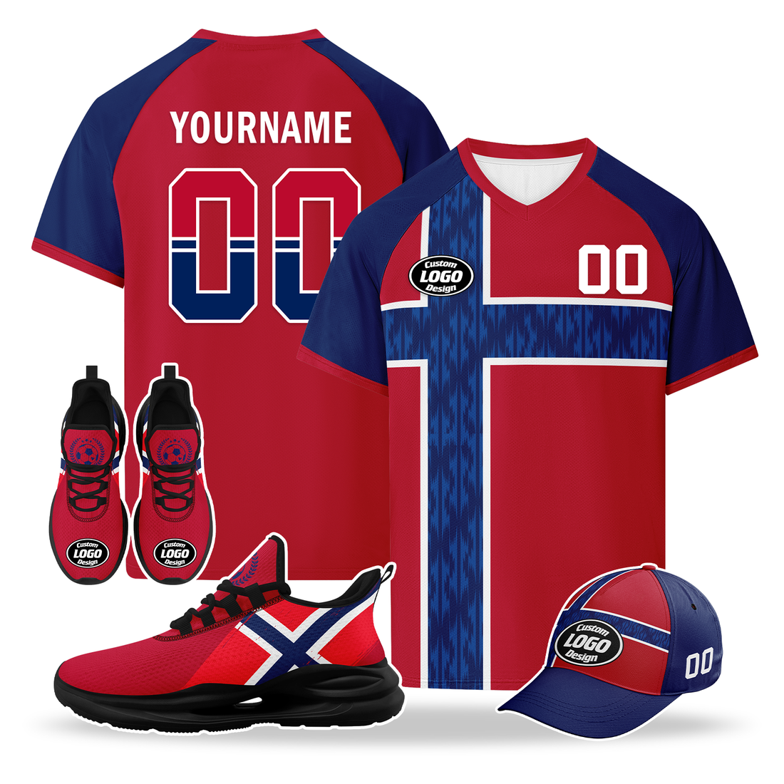 Custom Norway 2026 World Cup High Quality Soccer Stadium Version Jersey Sneakers Sports Shoes and Hat Combo Offer Personalized Team Name and Logo ZH-F00672-1