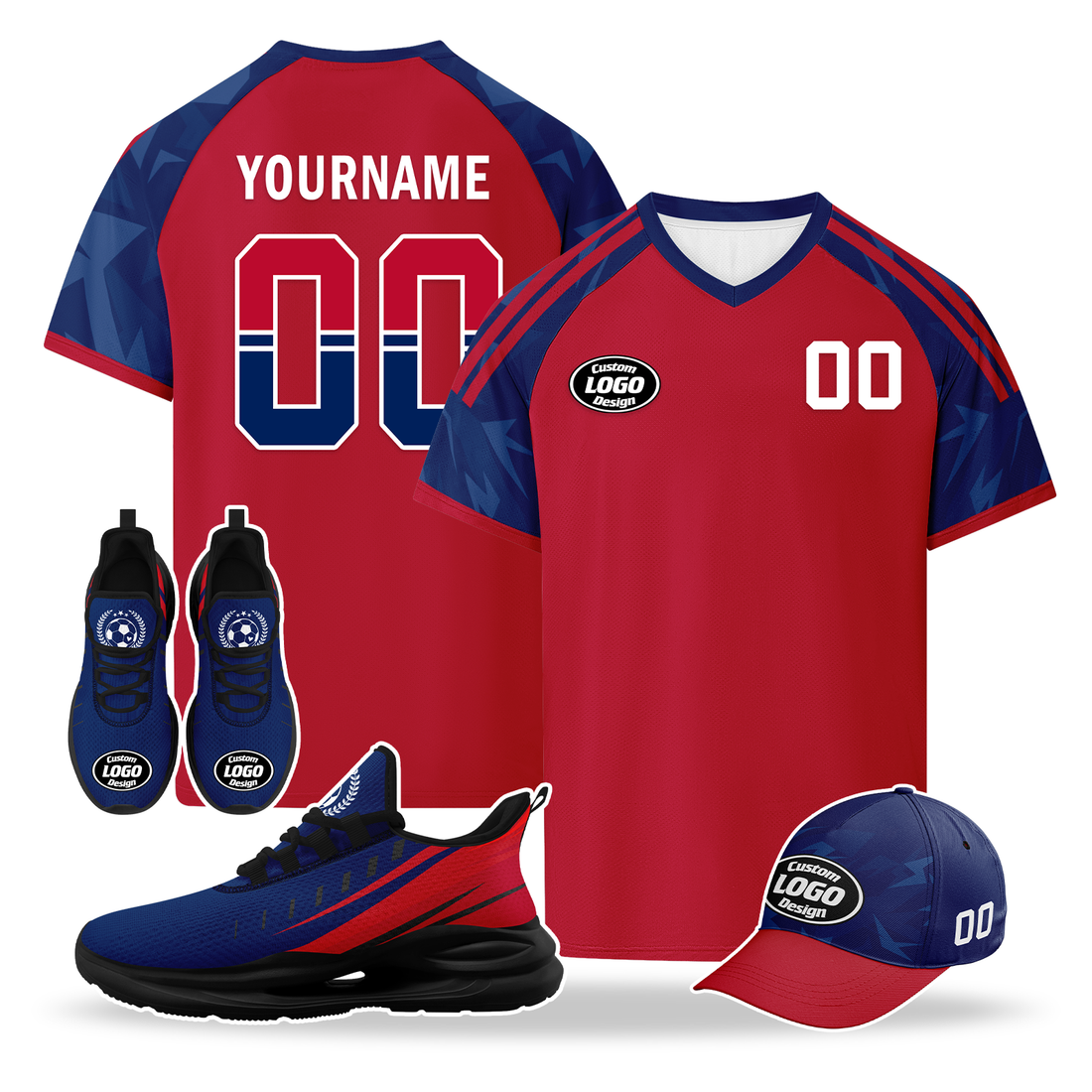 Custom Norway 2026 World Cup High Quality Soccer Stadium Version Jersey Sneakers Sports Shoes and Hat Combo Offer Personalized Team Name and Logo ZH-F00672-2