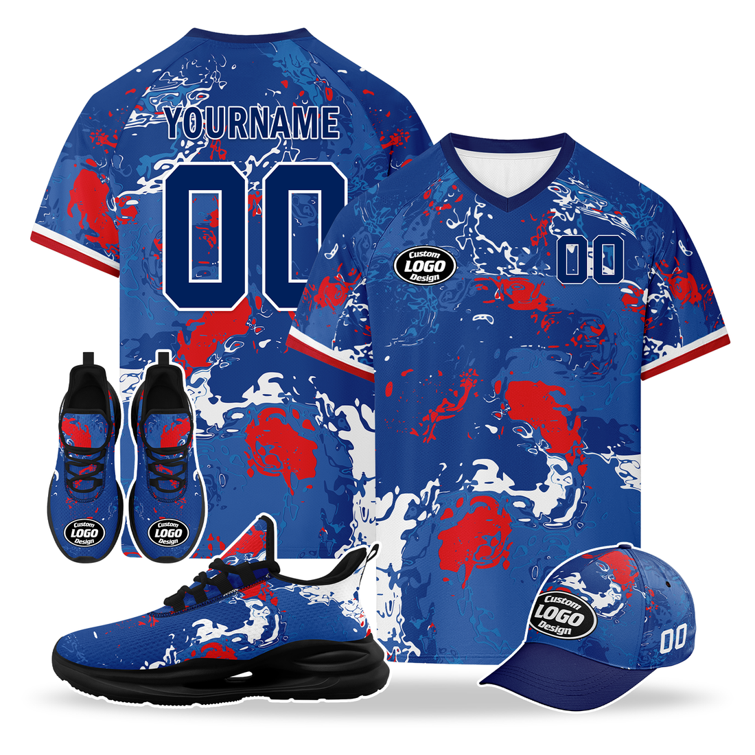 Custom Norway 2026 World Cup High Quality Soccer Stadium Version Jersey Sneakers Sports Shoes and Hat Combo Offer Personalized Team Name and Logo ZH-F00672-3