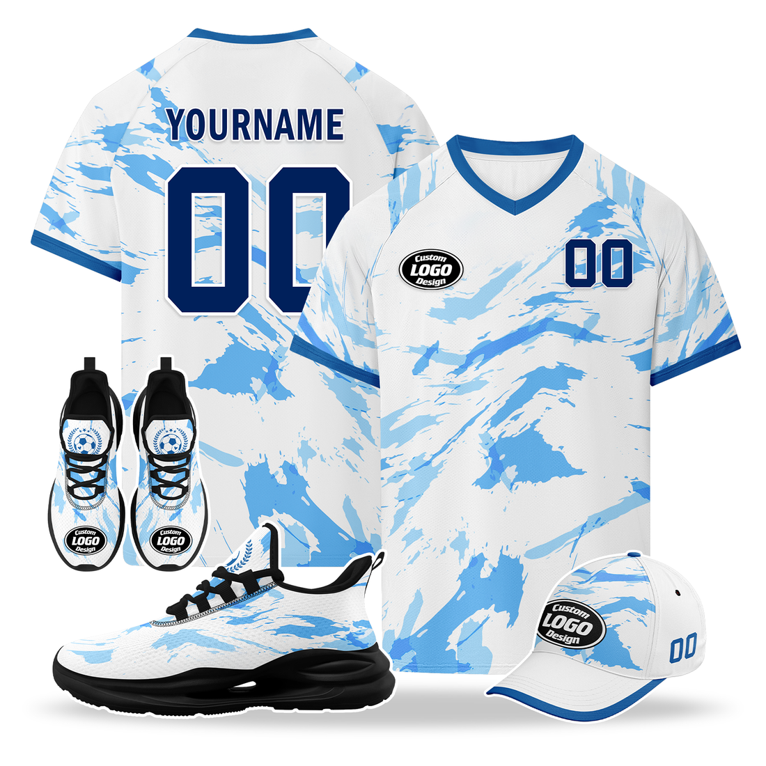Custom Norway 2026 World Cup High Quality Soccer Stadium Version Jersey Sneakers Sports Shoes and Hat Combo Offer Personalized Team Name and Logo ZH-F00672-4