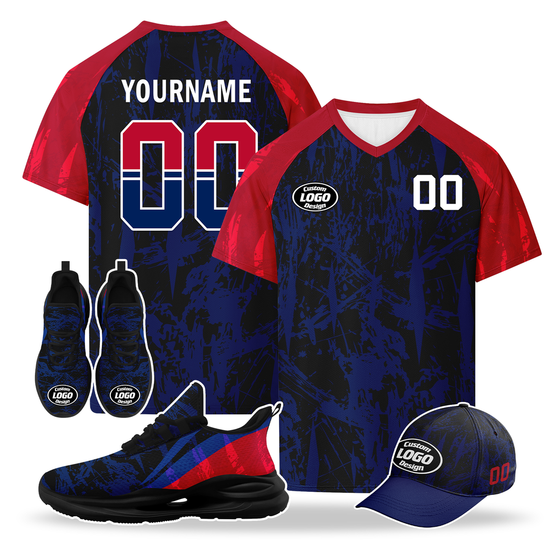 Custom Norway 2026 World Cup High Quality Soccer Stadium Version Jersey Sneakers Sports Shoes and Hat Combo Offer Personalized Team Name and Logo ZH-F00672-5