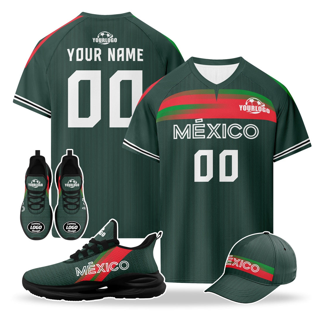 Custom Mexico 2026 World Cup High Quality Soccer Stadium Version Jersey Sneakers Sports Shoes and Hat Combo Offer Personalized Team Name and Logo ZH-F007043-001