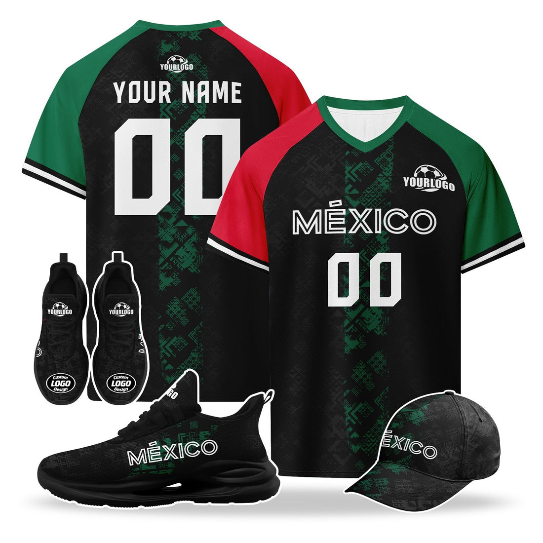 Custom Mexico 2026 World Cup High Quality Soccer Stadium Version Jersey Sneakers Sports Shoes and Hat Combo Offer Personalized Team Name and Logo ZH-F007043-002