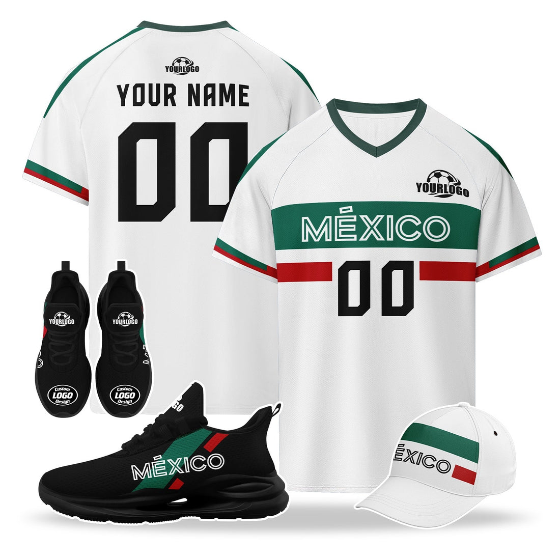 Custom Mexico 2026 World Cup High Quality Soccer Stadium Version Jersey Sneakers Sports Shoes and Hat Combo Offer Personalized Team Name and Logo ZH-F007043-003