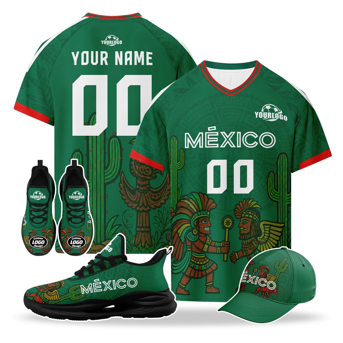 Custom Mexico 2026 World Cup High Quality Soccer Stadium Version Jersey Sneakers Sports Shoes and Hat Combo Offer Personalized Team Name and Logo ZH-F007043-004