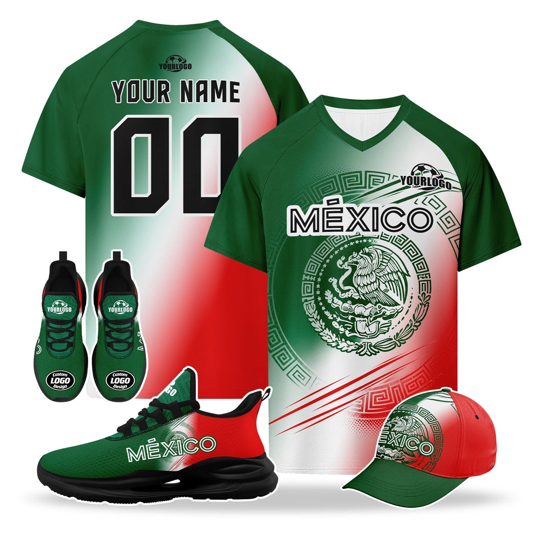 Custom Mexico 2026 World Cup High Quality Soccer Stadium Version Jersey Sneakers Sports Shoes and Hat Combo Offer Personalized Team Name and Logo ZH-F007043-005