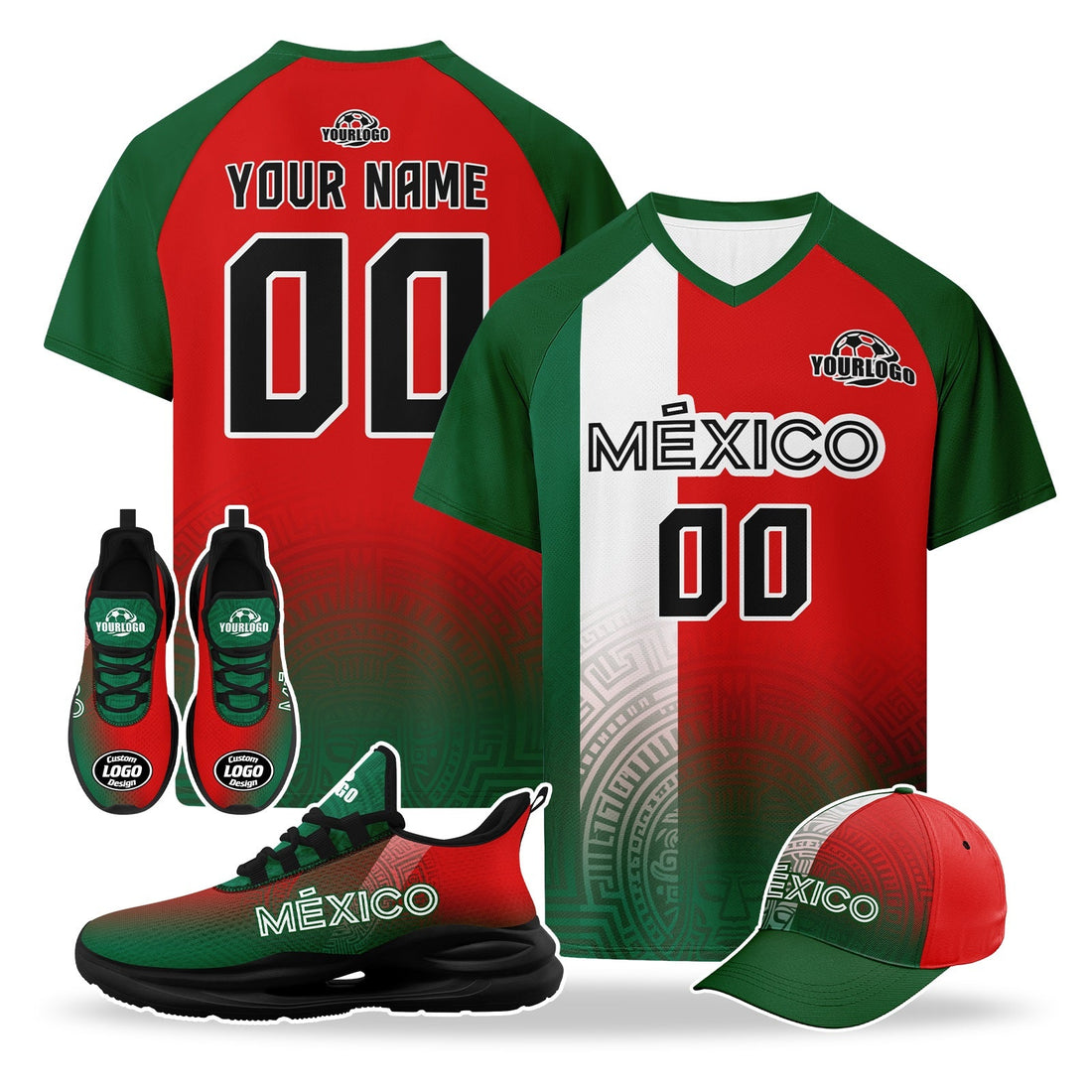 Custom Mexico 2026 World Cup High Quality Soccer Stadium Version Jersey Sneakers Sports Shoes and Hat Combo Offer Personalized Team Name and Logo ZH-F007043-006