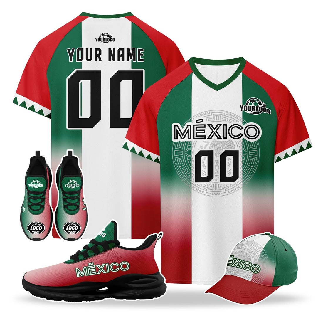 Custom Mexico 2026 World Cup High Quality Soccer Stadium Version Jersey Sneakers Sports Shoes and Hat Combo Offer Personalized Team Name and Logo ZH-F007043-007