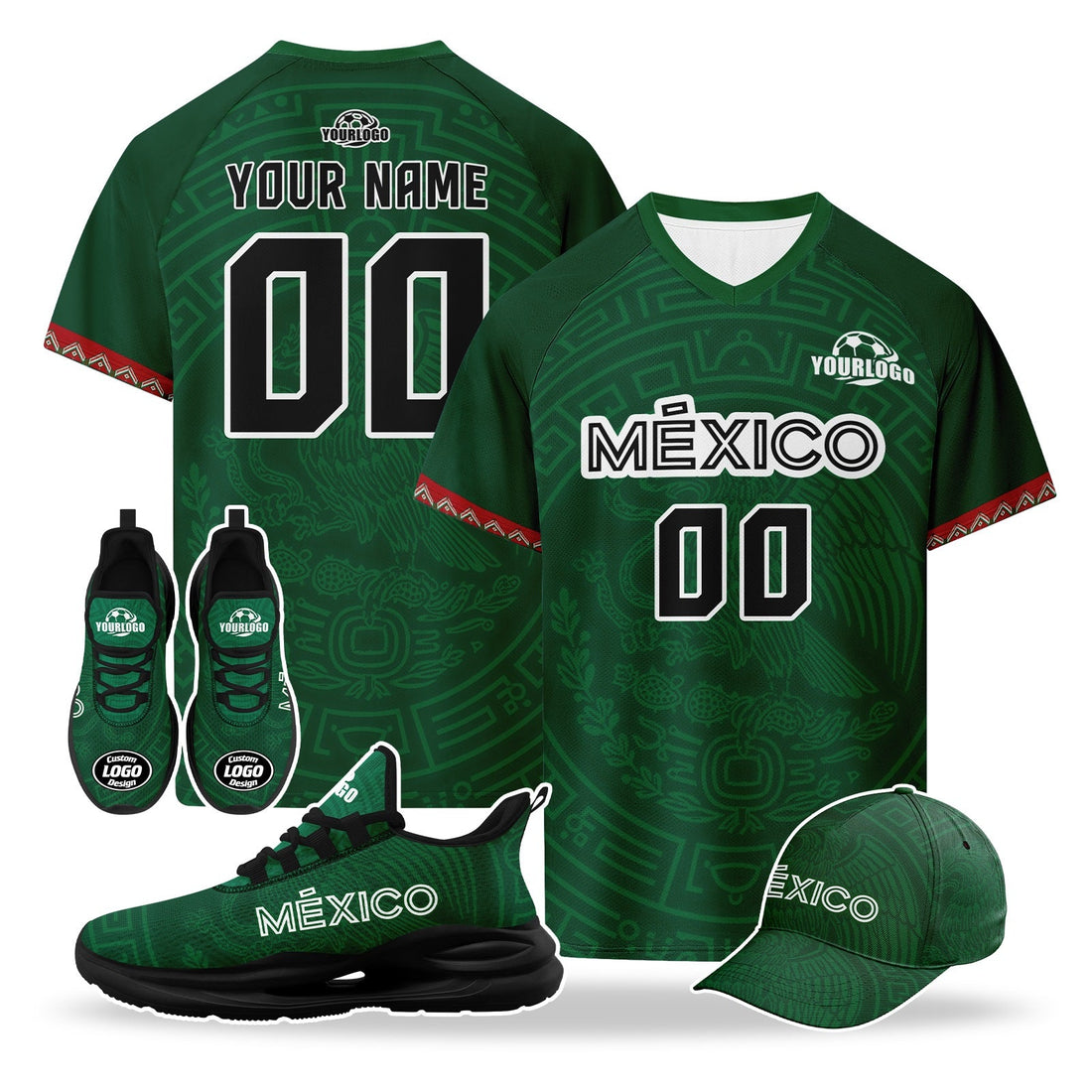 Custom Mexico 2026 World Cup High Quality Soccer Stadium Version Jersey Sneakers Sports Shoes and Hat Combo Offer Personalized Team Name and Logo ZH-F007043-008