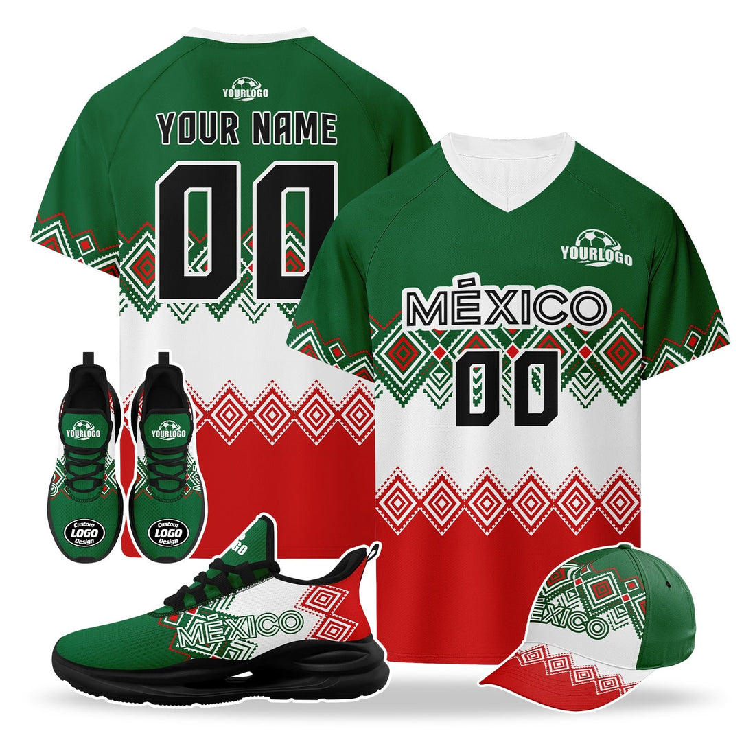 Custom Mexico 2026 World Cup High Quality Soccer Stadium Version Jersey Sneakers Sports Shoes and Hat Combo Offer Personalized Team Name and Logo ZH-F007043-009