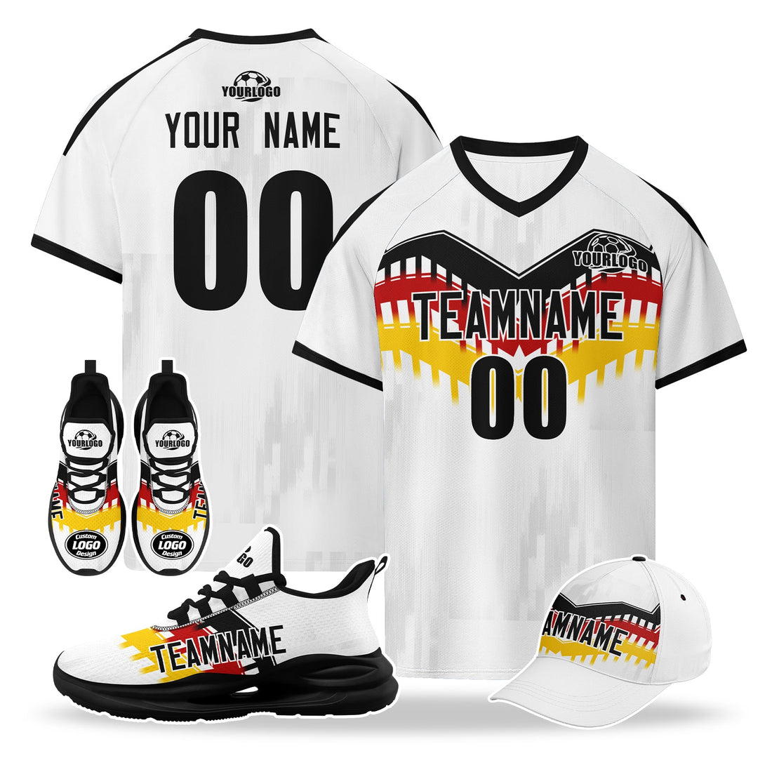 Custom Germany 2026 World Cup High Quality Soccer Stadium Version Jersey Sneakers Sports Shoes and Hat Combo Offer Personalized Team Name and Logo ZH-F007046-001