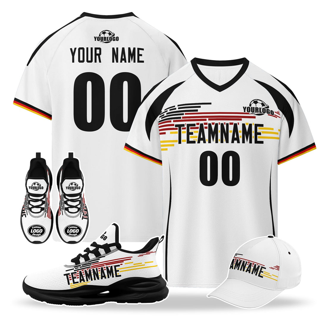 Custom Germany 2026 World Cup High Quality Soccer Stadium Version Jersey Sneakers Sports Shoes and Hat Combo Offer Personalized Team Name and Logo ZH-F007046-003