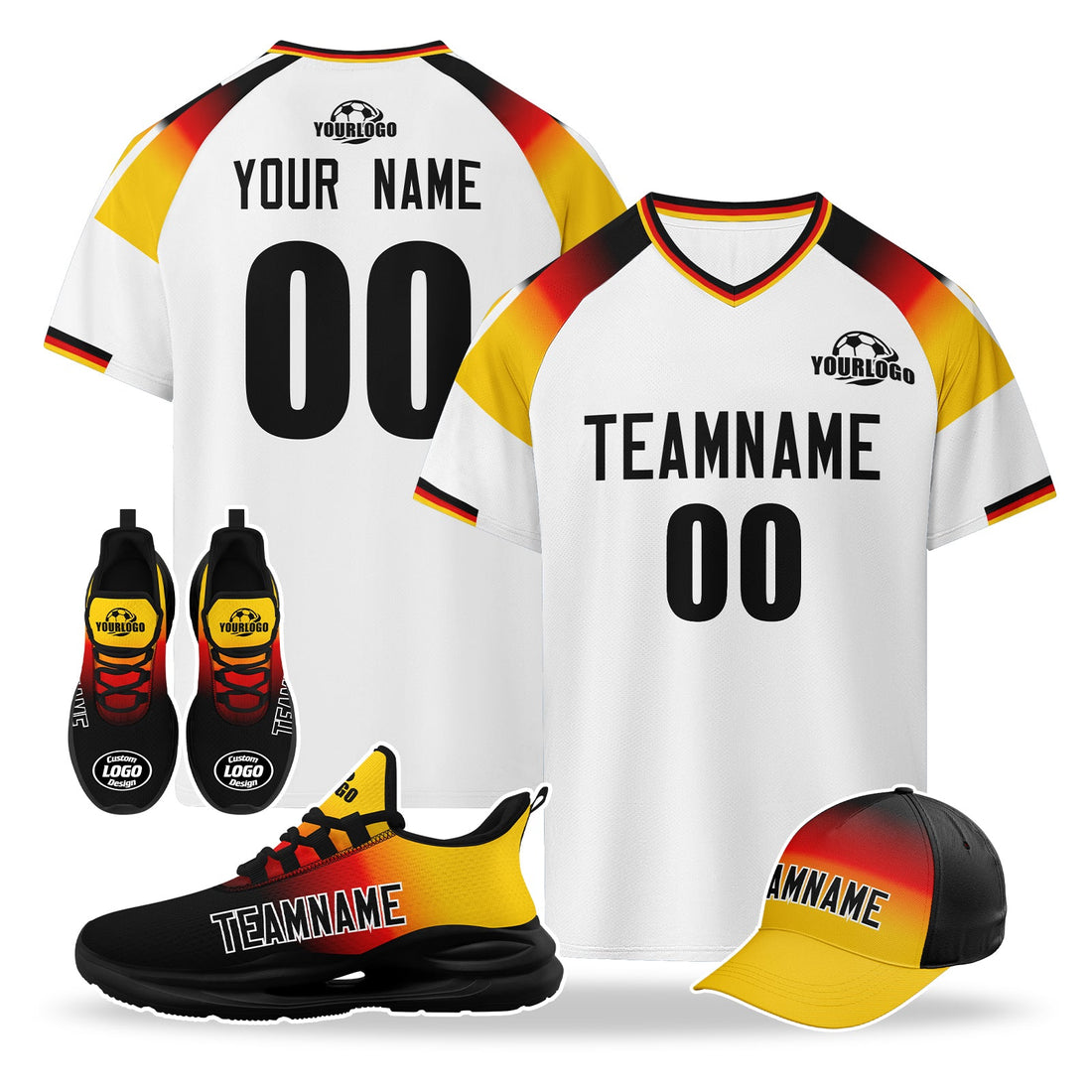 Custom Germany 2026 World Cup High Quality Soccer Stadium Version Jersey Sneakers Sports Shoes and Hat Combo Offer Personalized Team Name and Logo ZH-F007046-004