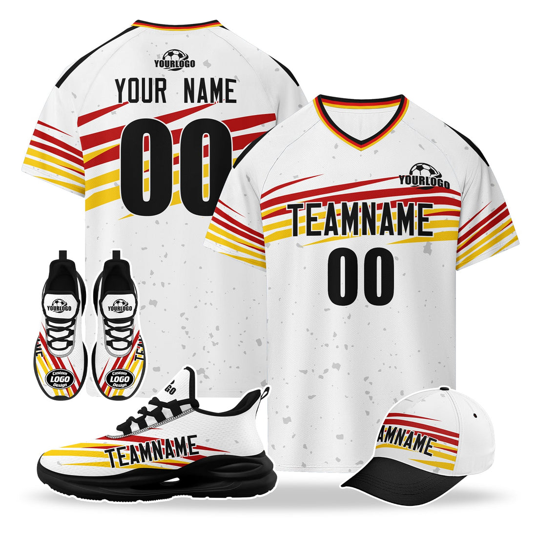 Custom Germany 2026 World Cup High Quality Soccer Stadium Version Jersey Sneakers Sports Shoes and Hat Combo Offer Personalized Team Name and Logo ZH-F007046-006