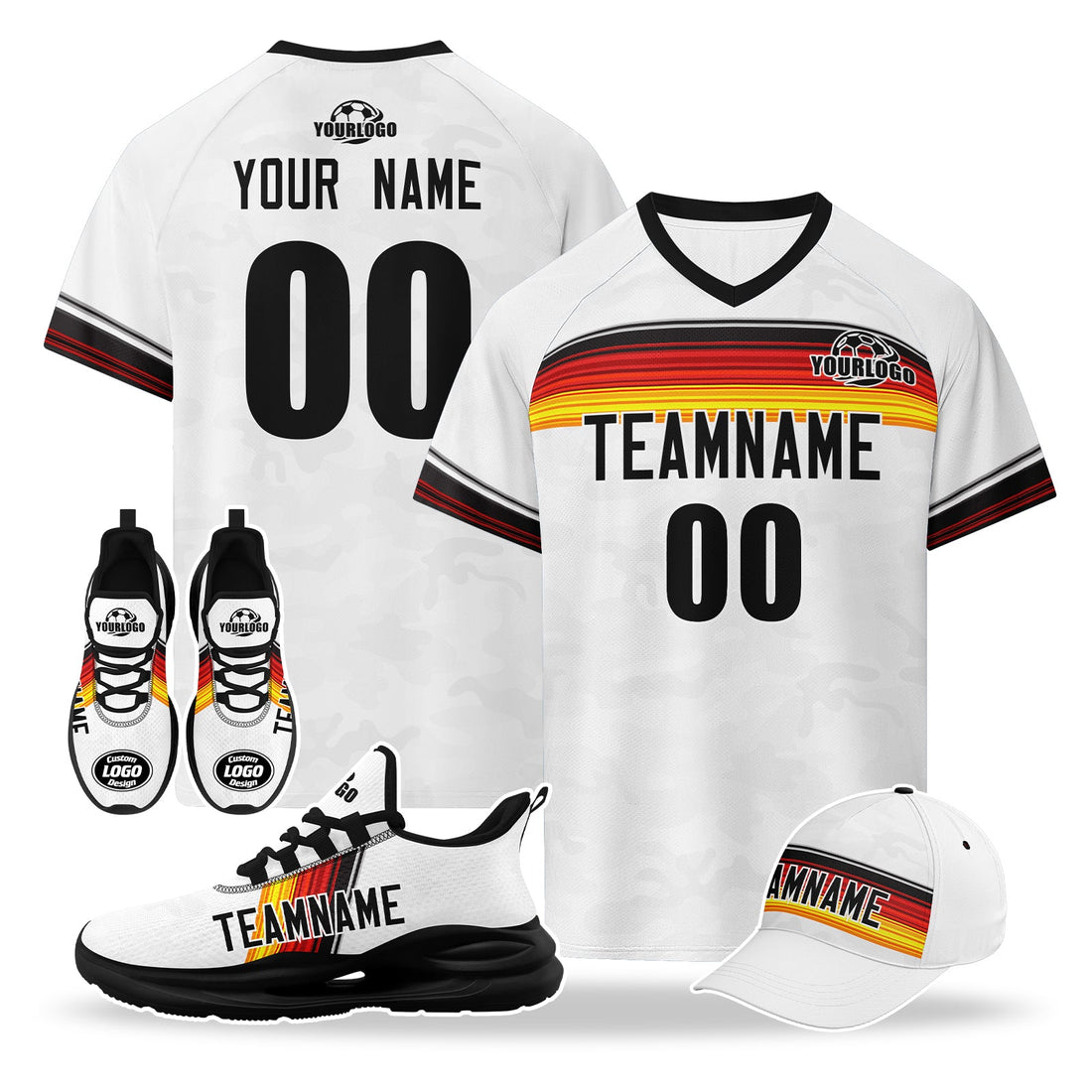 Custom Germany 2026 World Cup High Quality Soccer Stadium Version Jersey Sneakers Sports Shoes and Hat Combo Offer Personalized Team Name and Logo ZH-F007046-009