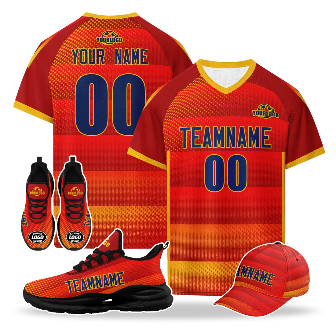 Custom Spain 2026 World Cup High Quality Soccer Stadium Version Jersey Sneakers Sports Shoes and Hat Combo Offer Personalized Team Name and Logo ZH-F007049-001