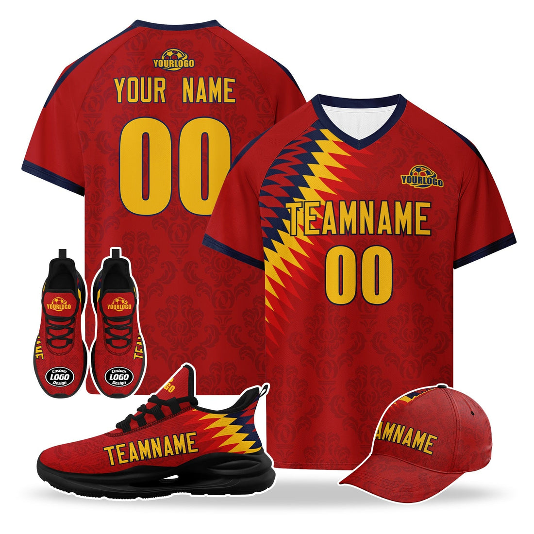 Custom Spain 2026 World Cup High Quality Soccer Stadium Version Jersey Sneakers Sports Shoes and Hat Combo Offer Personalized Team Name and Logo ZH-F007049-002
