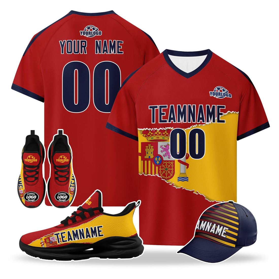 Custom Spain 2026 World Cup High Quality Soccer Stadium Version Jersey Sneakers Sports Shoes and Hat Combo Offer Personalized Team Name and Logo ZH-F007049-003