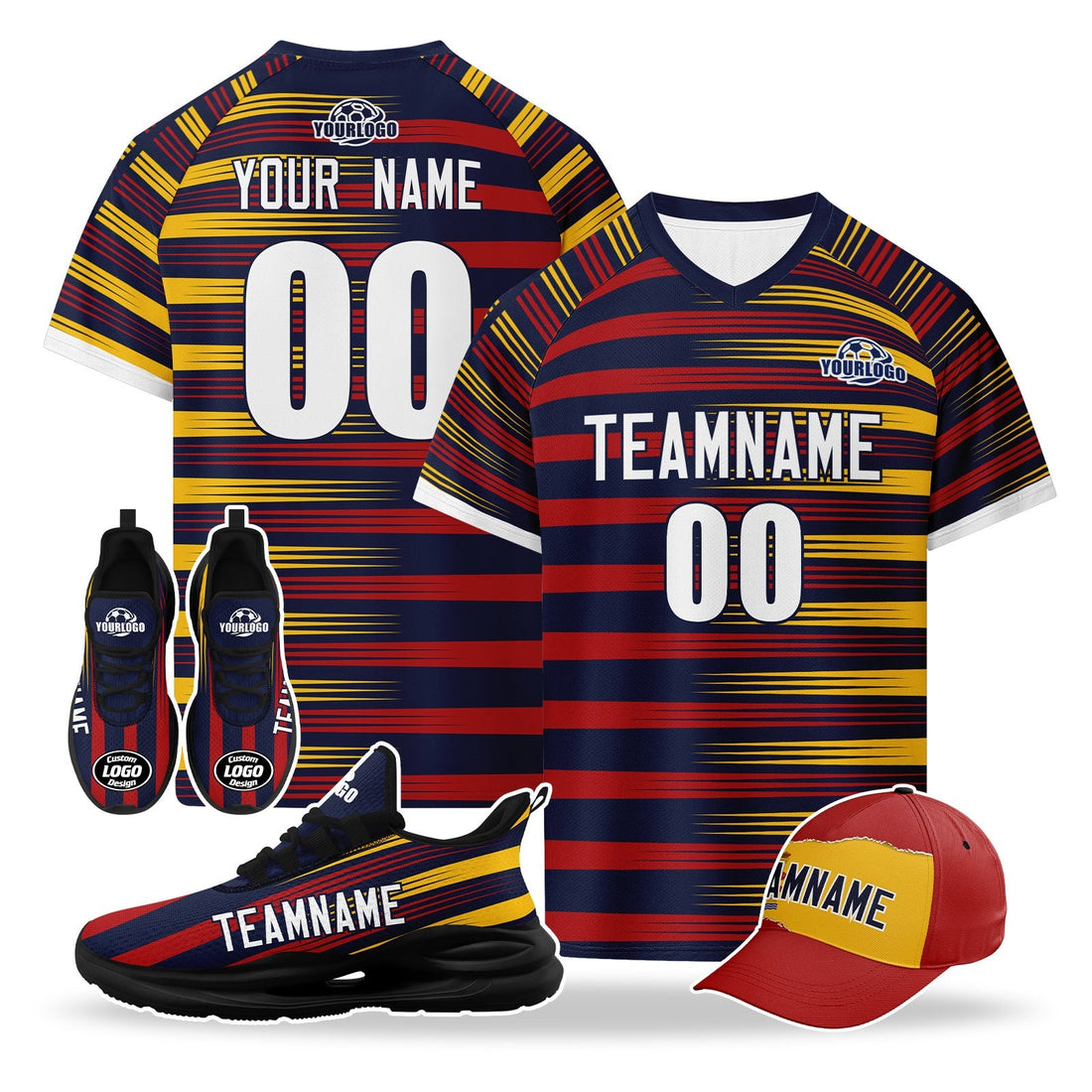Custom Spain 2026 World Cup High Quality Soccer Stadium Version Jersey Sneakers Sports Shoes and Hat Combo Offer Personalized Team Name and Logo ZH-F007049-004