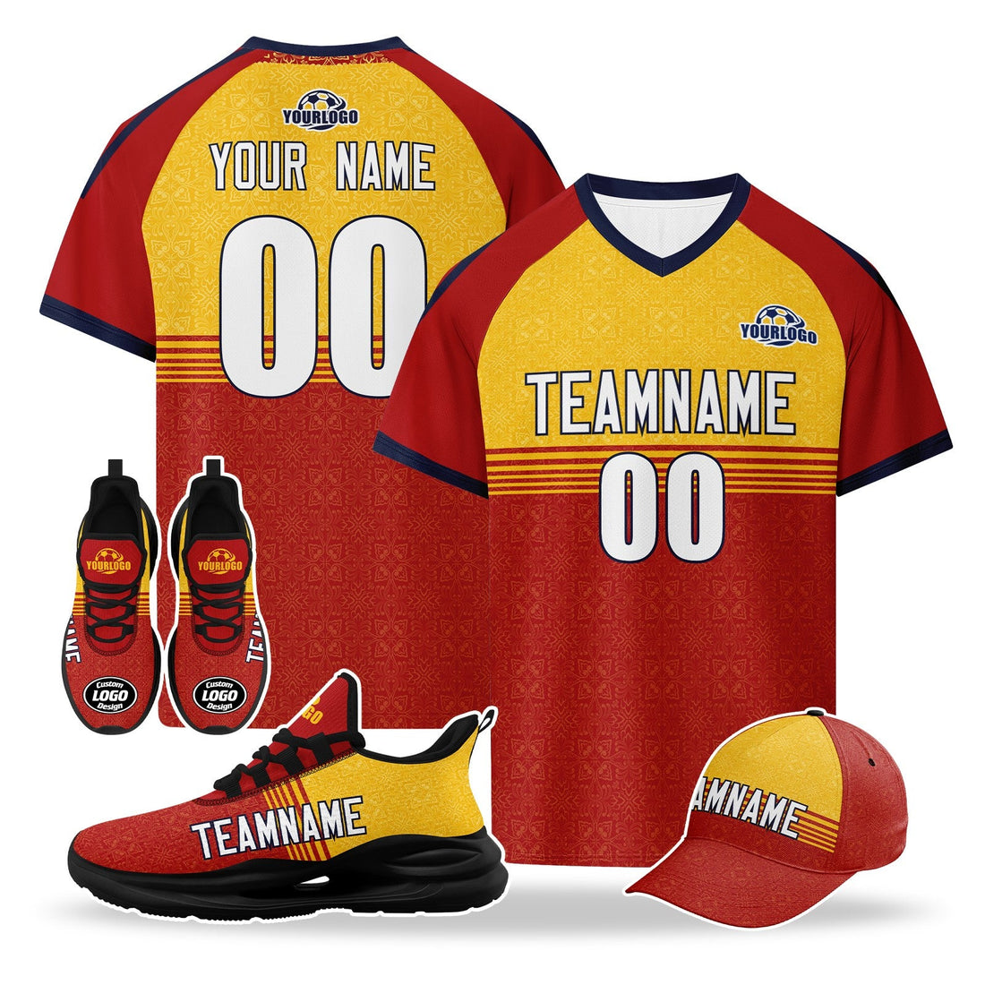 Custom Spain 2026 World Cup High Quality Soccer Stadium Version Jersey Sneakers Sports Shoes and Hat Combo Offer Personalized Team Name and Logo ZH-F007049-005